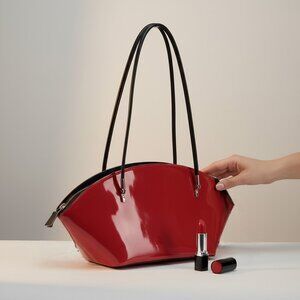 Beijo Red Patent Finish Shoulder Bag Y2K Sculptural Crescent Purse Retro Futuris